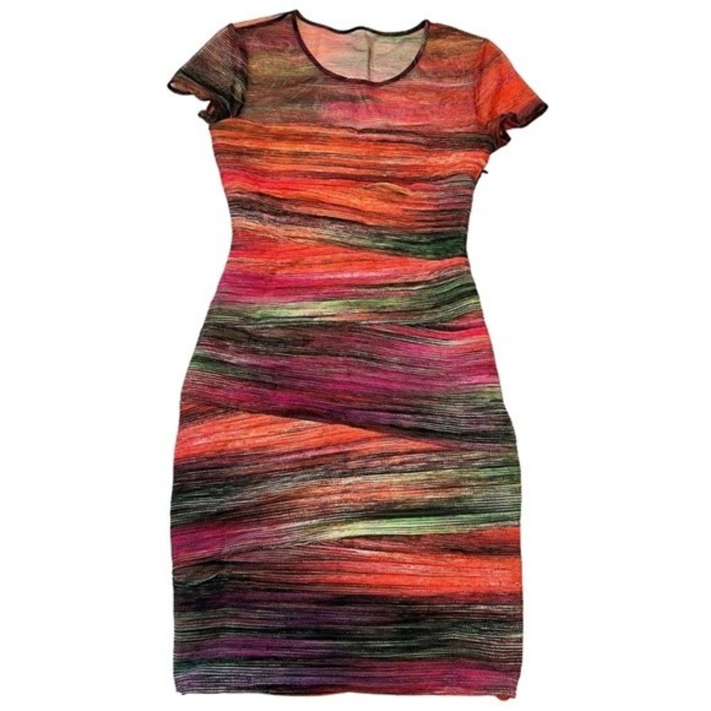 BCBG Max Azria Donna MultiColor Unique Ruched Dress Mesh Bodycon Cap Sleeve SZ S